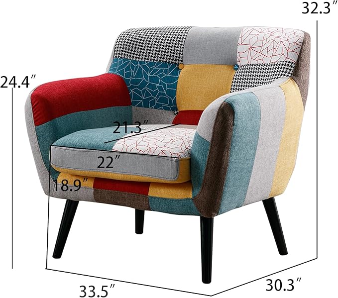 Bonzy Home Modern Oversized Accent Chair for Living Room, Colorful Boho Linen Fabric Upholstered Armchair with Wood Legs, Single Chair
