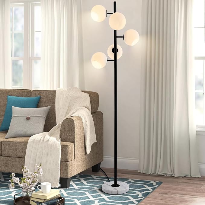 KCO Lighting Five Globe Mid Century Modern Floor Lamp - Milk Glass Shade, Black Finish, Marble Base for Living Room