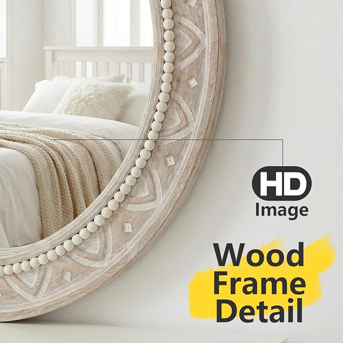 sawsile Oval Wood Mirror,Rustic 20x30 Inch Wooden Farmhouse Beads Decorative Boho Vanity Natural Mirrors for Bedroom, Bathroom, Living Room,or Entryway
