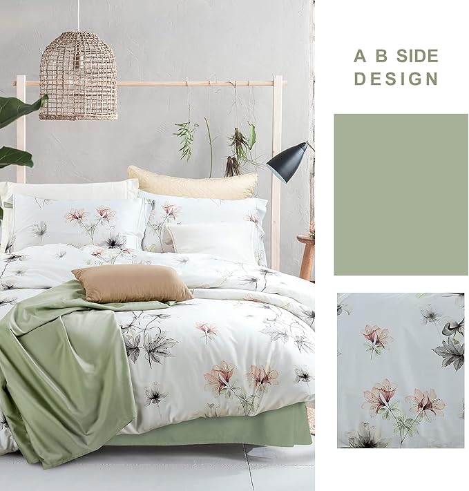 MILDLY Floral Duvet Cover Set - 100% Long-Staple Cotton White Green Leaves Pattern Printed Comforter Cover 3pcs Soft Breathable Luxury Bedding for All Season