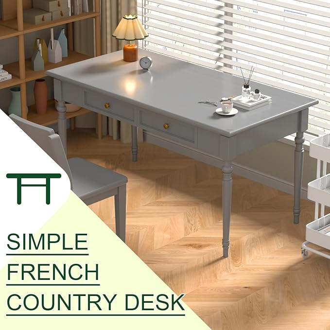 Solid Wood French Country Desk,Writing Desk with Storage Drawers,Farmhouse Computer Table Makeup Table Modern Simple Style,for Home Office Living Room Study Workspace Bedroom (Grey, 47.2IN)
