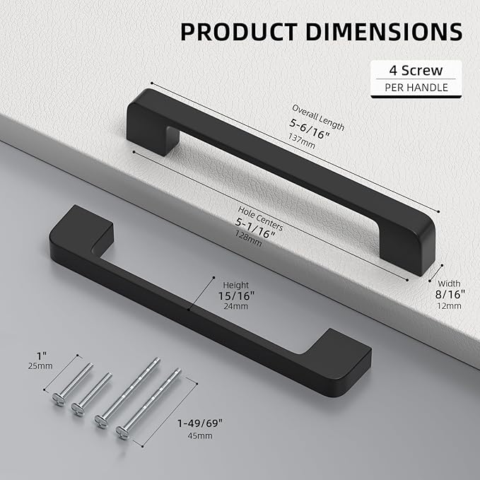 10 Pack 5 Inch Black Cabinet Pulls Solid Zinc Alloy Matte Black Cabinet Handles - Dresser Drawer Pulls for Kitchen Cabinet Hardware Zinc Alloy Handles