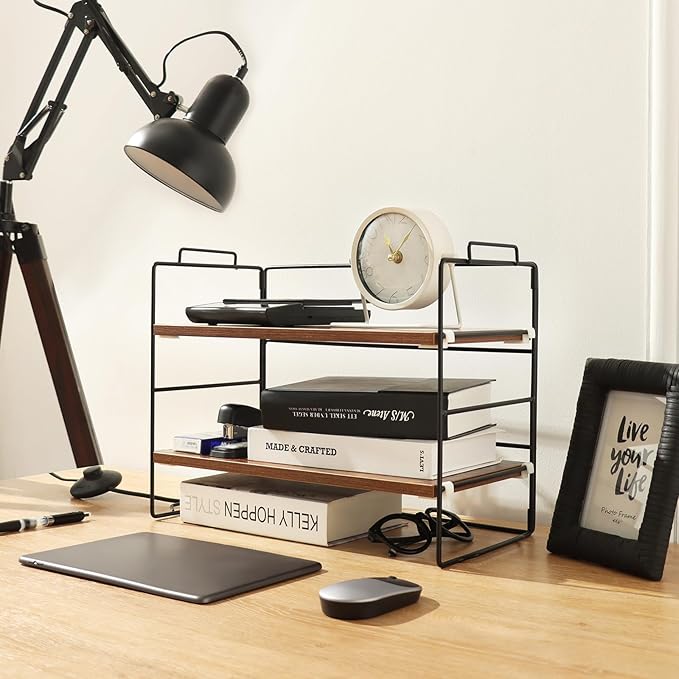 KATHY&BOB Wood Desk Shelf Organizer, 2-Tier Desktop Supplies Storage Rack, Adjustable Stackable Desk Shelf for Office, Kitchen, Bathroom, 15.75"*12.2"*7.87"