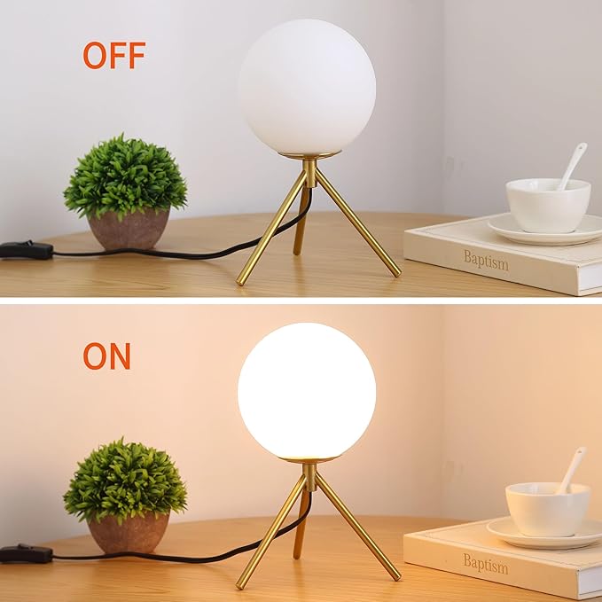 Mid Century Modern Table Lamp - Gold Glass Globe Desk Reading Lamp - Contemporary Minimalist Brushed Brass Bedside Desk Nightstand Industrial Vintage Bedside Table Light