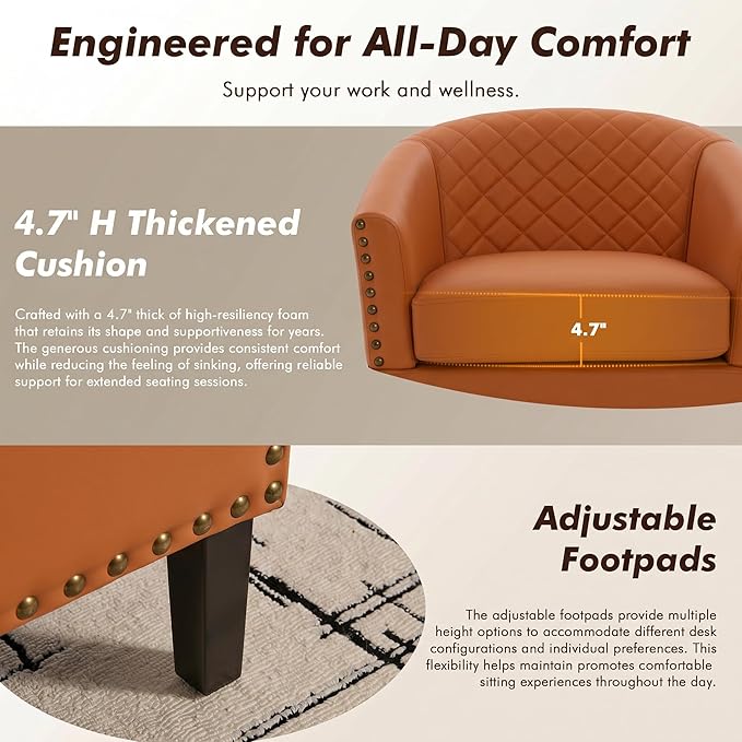 QQU Barrel Accent Chair, Retro PU Leather Club Chair with Nail-Heads, Upholstered Armchair for Living Room, Bedroom, Waiting, Office (Orange)