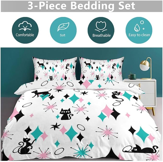 Geometry Modern Bedding Set,Mid Century Black Cat Abstract Atomic Geometric Vintage 1950s 1960s Pattern Print Yellow Comforter Set with Pillowcase for Bedroom Bed Decor，Twin 86"x70"