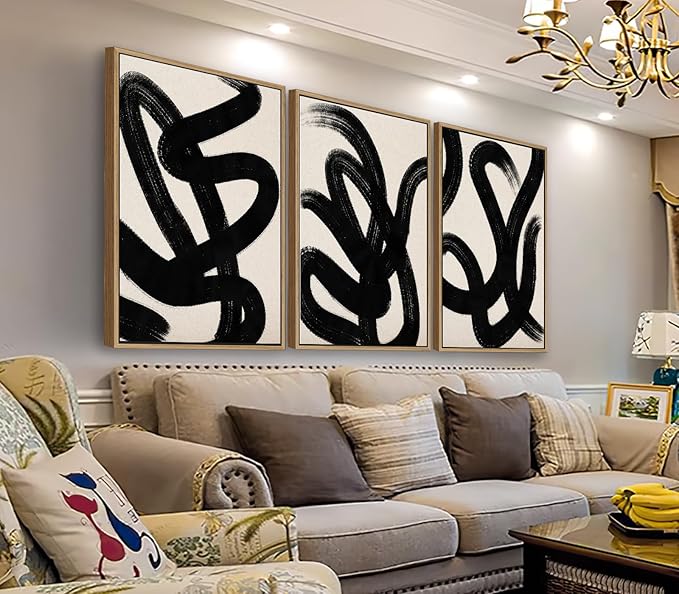 Framed Wall Art Canvas Set Abstract Lines Pictures Modern Mid Century Boho Wall Decor Minimalist Abstract Black Stroke Lines Canvas Painting Artwork Living Room Bedroom Home Office 20"x28"x3 Natural