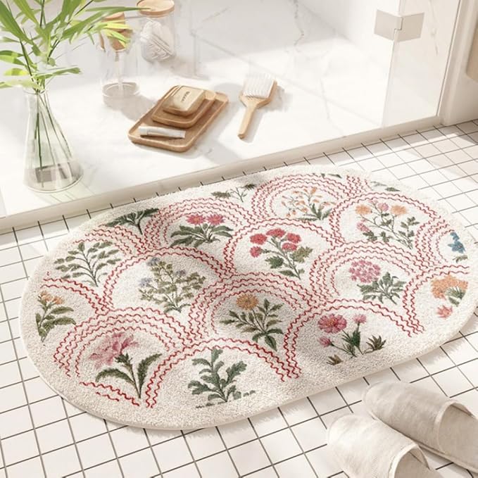 vctops Oval Bathroom Rugs, Spring Floral Print Absorbent Microfiber Bath Rugs, Non Slip Quick Dry Bath Mats for Bathroom Floor, Tub and Shower, Home Decor Accessories (Oval D,20"x31")