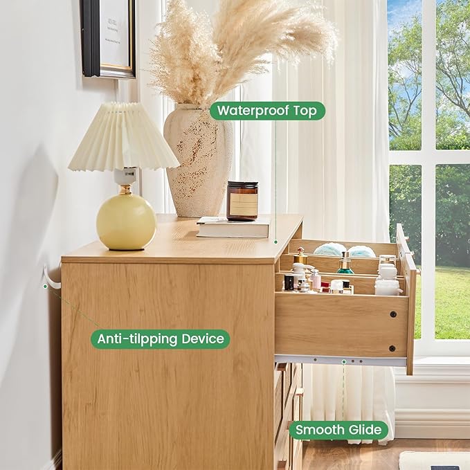 Dresser for Bedroom with 9 Drawers – Wide Chest of Drawers with Pulls Handles, Solid Wood Legs, Easy Assembly, Farmhouse Tall Dressers for Closet, Living Room,Hallway and Entryway Natural oak