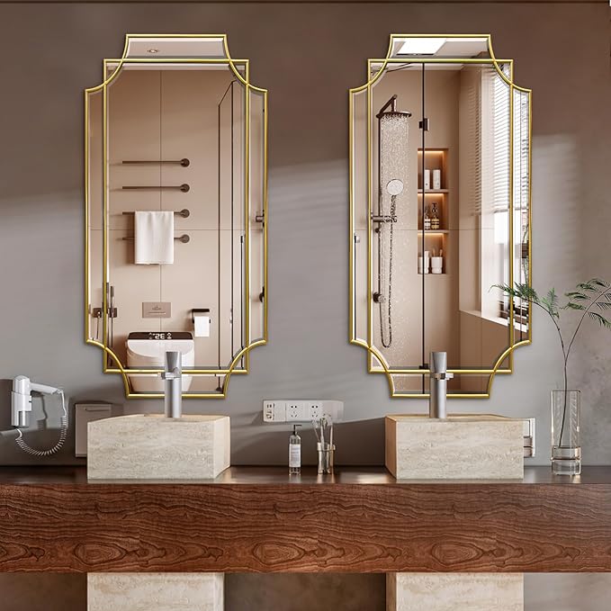 Wall Mirror Full Length, 47" x 24" Gold Wood Framed Full Body Mirror, Scalloped Beveled Polished Decorative Mirrors, Large Rectangle Irregular Mirror for Bathroom/Bedroom/Living Room/Entryway
