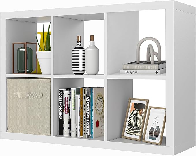 furtble Bookshelf with Storage Bin, 6-Cube Storage Organizer, Modern Wood Open Bookcase, Multifunctional Display Cubicle Shelf for Living Room, Bedroom, Home Office, White