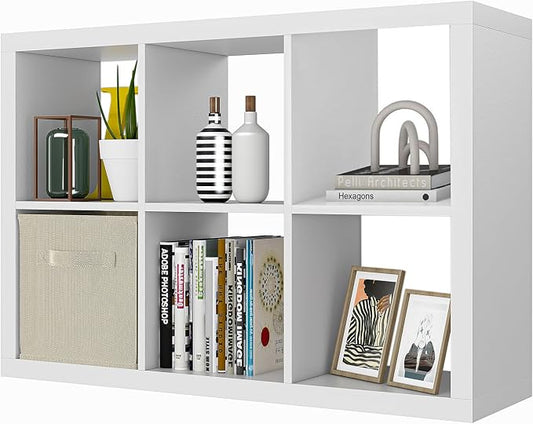 furtble Bookshelf with Storage Bin, 6-Cube Storage Organizer, Modern Wood Open Bookcase, Multifunctional Display Cubicle Shelf for Living Room, Bedroom, Home Office, White