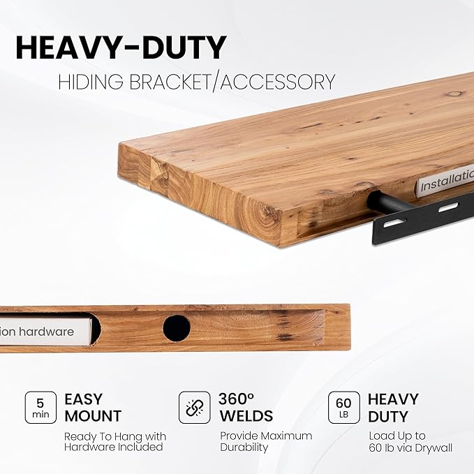 Fun Memories 24Inch Floating Shelves Set of 2, Rustic Solid Elm Wood Live Edge Floating Shelves, Invisible Bracket Mount for Living Room, Kitchen, Bathroom - Natural