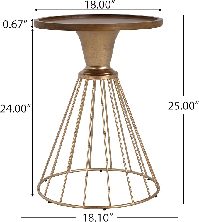 25" Pine Wood & Iron Side Table, End Table with Anti-Slip Concave Top, Small Table with Retro Hollow Design for Indoor Spaces, Antique Gold,Natural