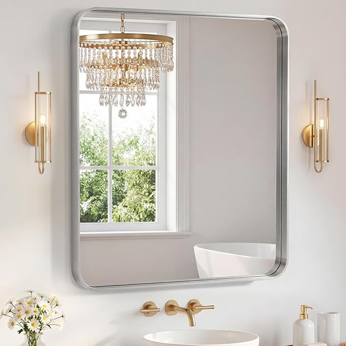 NEWBULIG 36X40 Inch Bathroom Mirror for Over Sink, Wall Vanity Mirrors Tempered Glass, Anti-Rust Metal Framed Rounded Rectangle, Hangs Horizontally or Vertically, Farmhouse Home Decor, Silvery