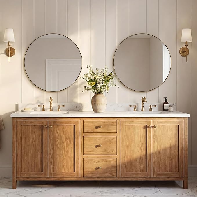 ANDY STAR Round Gold Mirror, 28 Inch Brass Round Mirror, Brushed Brass Bathroom Mirrors for Over Sink, Decorative Wall Mirrors, 1 Inch Deep Set Design, Ideal for Home Remodel, Hanging or Leaning