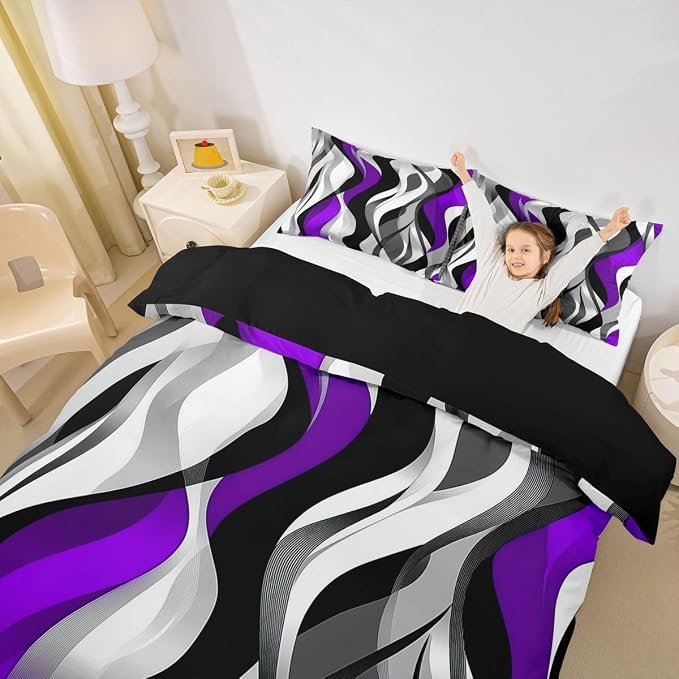 Purple Black Stripes Duvet Cover Set Queen Size,Minimalist Geometric Striped Waves Bedding Set,Boys Girls Room Decor,Modern Abstract Simple Comforter Cover,Chic Quilt Cover,2 Pillowcases(No Filler)