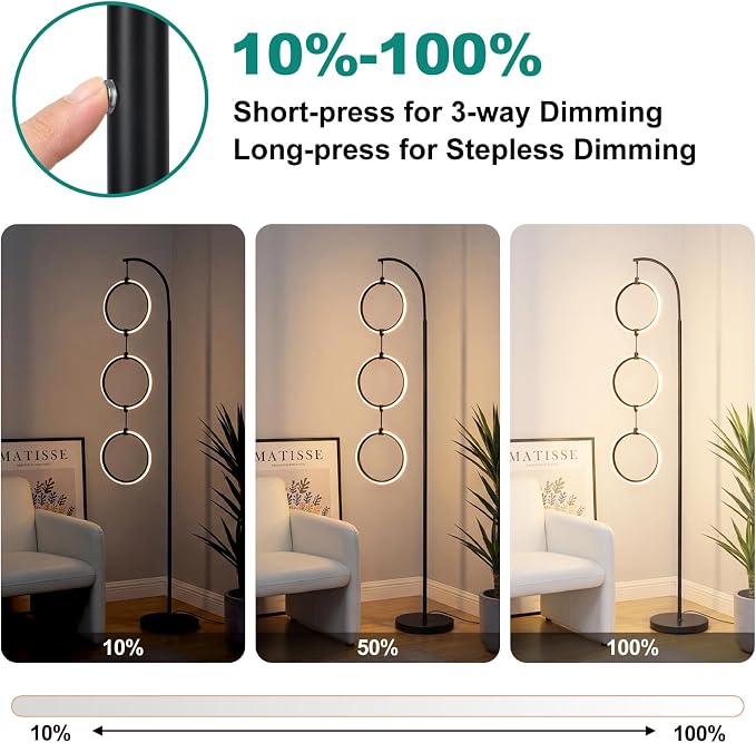 Bairth Black 3-Light LED Floor Lamp, Modern Arc Floor Lamp for Living Room, Industrial Stepless Dimmable & 3-Way Dimmable Tall Arch Standing Floor Lamp for Reading, Bedroom, Office, Matte Black