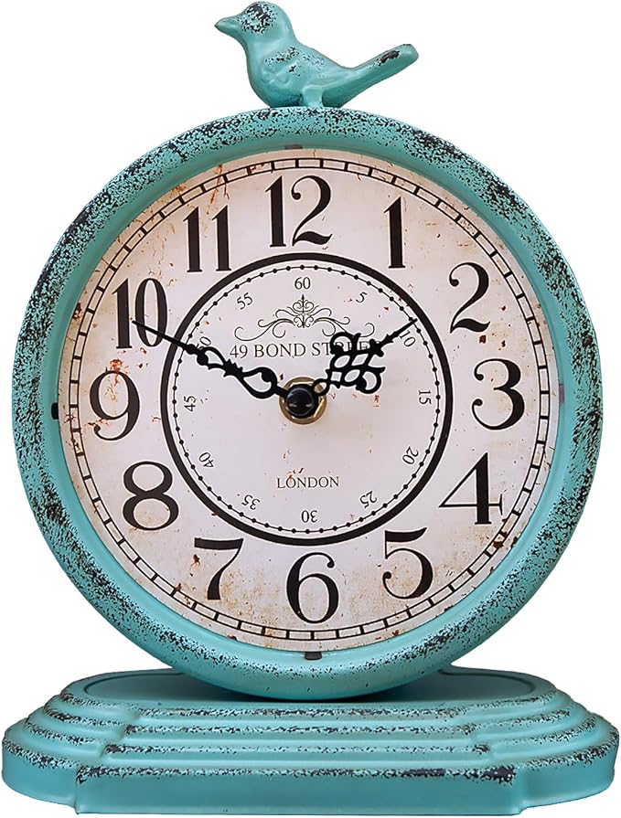 HZDHCLH Vintage Table Clock with Bird,Retro Mantel Clock Battery Operated,Metal Clock for Living Room Shelf Desk Table Fireplace Decor (Green)
