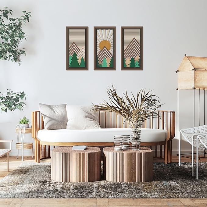 IARTTOP 3 Pcs Boho Mountain Wooden Wall Art Minimalist Geometric Artwork Pine Tree Sunrise Wood Wall Decor Bohemian Forest Hanging Decor for Living Room Bedroom Office 7.9 x15.8 Inch