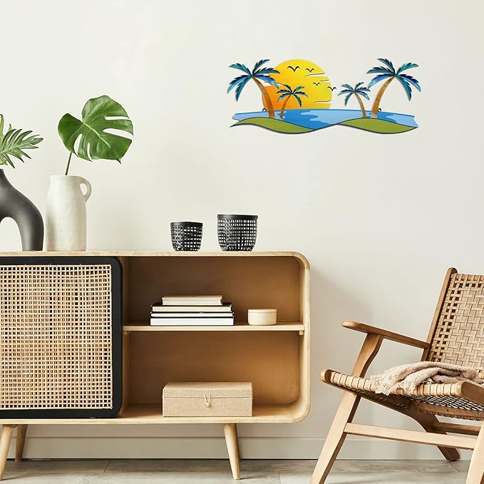 Shimeyao Coastal Metal Wall Art Palm Tree Metal Wall Art Outdoor Beach Bathroom Decor Tropical Tree Sculptures for Indoor Outdoor Decor(Sunset)