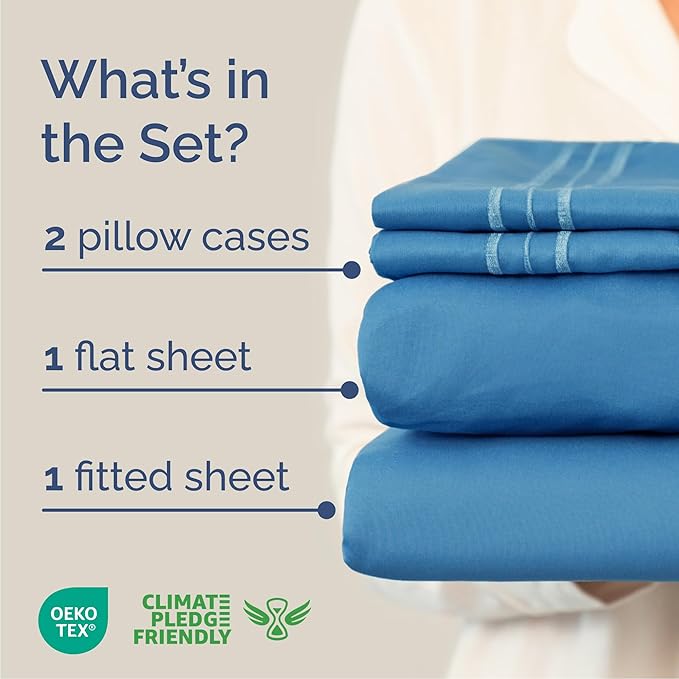 Cal King Size 4 Piece Sheet Set - Comfy Breathable & Cooling Sheets - Hotel Luxury Bed Sheets for Women & Men - Deep Pockets, Easy-Fit, Soft & Wrinkle Free Sheets - Denim Blue Oeko-Tex Bed Sheet Set
