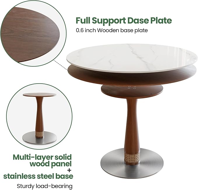 39” Round Dining Table with Solid Wood Base, White Sintered Stone Tabletop, Scratch and Heat Resistant, Modern Marble Table for Kitchen, Dining Room