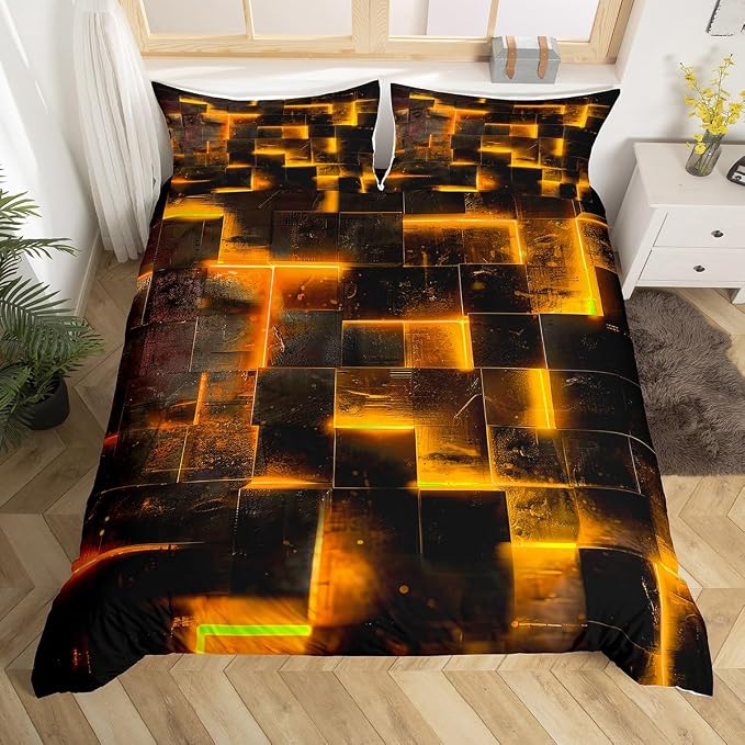 Erosebridal Black and Orange Duvet Cover Queen Modern Abstract Queen Bedding Set, 3D Glowing Plaid Comforter Cover Gradient Grid Bed Set, Neon Square Bedding 3pcs (Black Reversible)