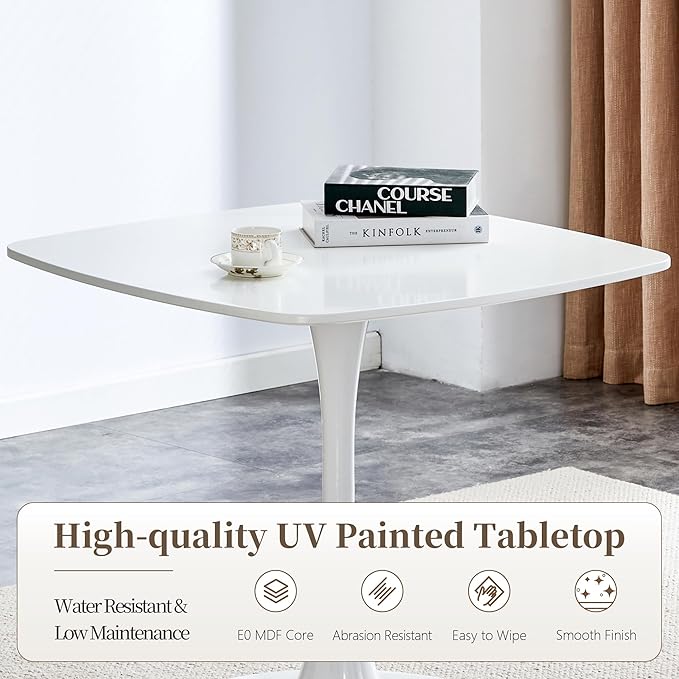 White Square Dining Table,31.5" Tulip Table with Metal Pedestal,15-Minute Quick Assembly,Mid Century Modern Leisure Table for Kitchen Small Places Cafe (White)