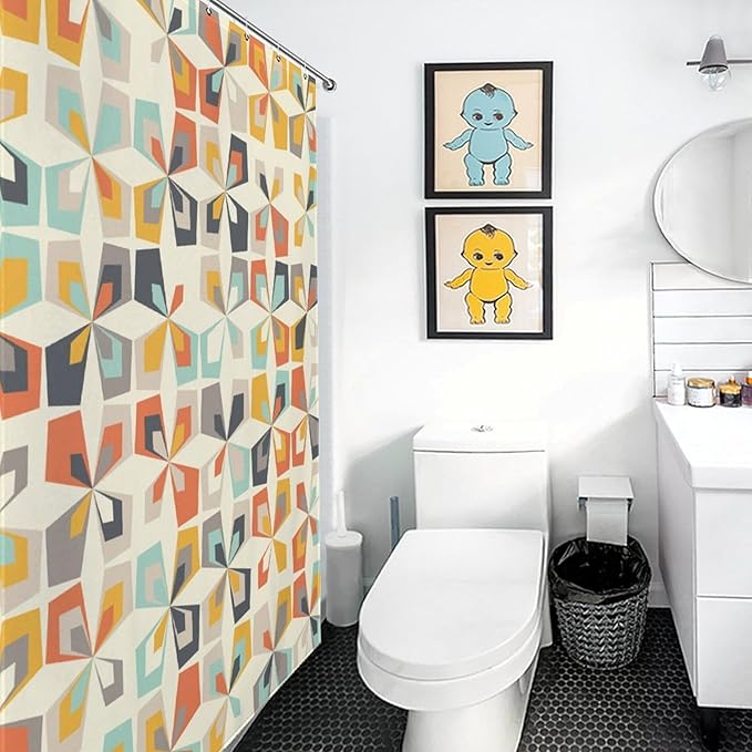 Mid Century Shower Curtain Geometric Retro Rustic Style Pattern Duty Fabric Shower Curtains Set Bathroom Polyester Waterproof with 12 Hooks, 66x72Inch（168x183cm）
