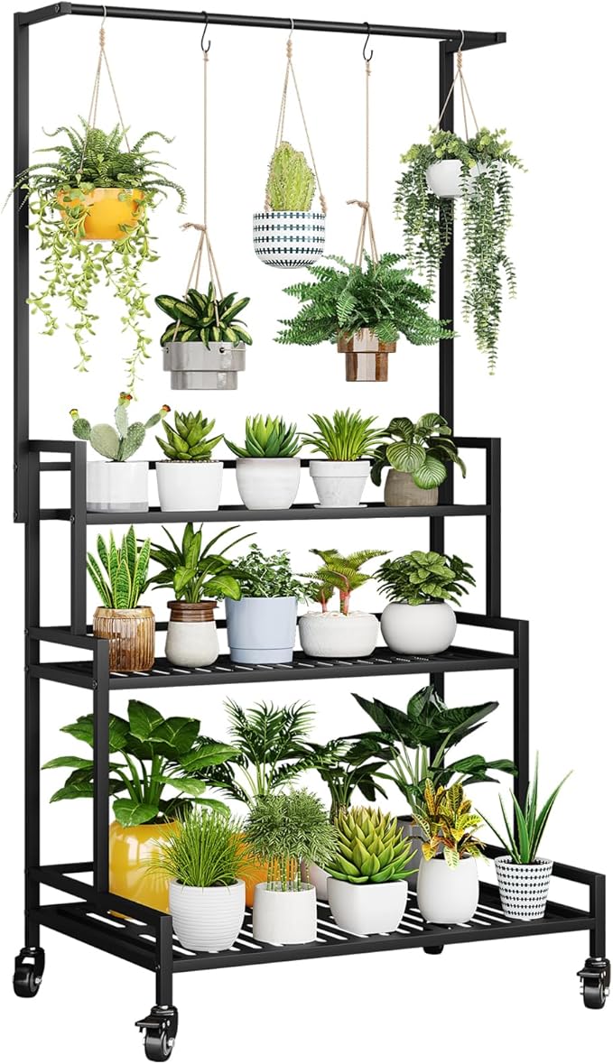 YIZAJIA Plant Stand Indoor 3 Tier Metal Outdoor Tiered Stands Shelf With wheel for Multiple Plants Potted Ladder Plant Holder Table Plant Pot Stand for Window Garden Balcony Living Room