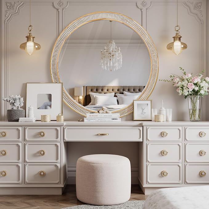 Round Wood Mirrors for Wall Decor, 30 Inch Rustic Farmhouse Circle Decorative Mirror for Bathroom, Living Room, Foyer, Entryway, Bedroom
