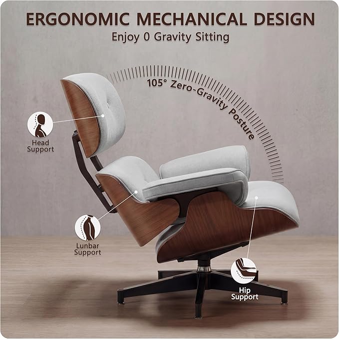 Chaise Lounge Chair with Ottoman, Top Black Grain Leather Recliner Chair, Modern Classic Office Chair with Ergonomic Lumbar Support, Heavy Duty Base Support for Bedroom Living Room Office (Grey)