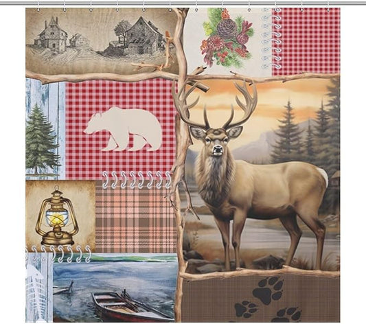 Retro Bear Rustic Shower Curtain, Farmhouse Country Antique Moose Bear Forest Vintage Wood Hunting Camping Waterproof Shower Curtains for Bathroom Decor 12 Pack Hooks 72x72in (183x183cm)