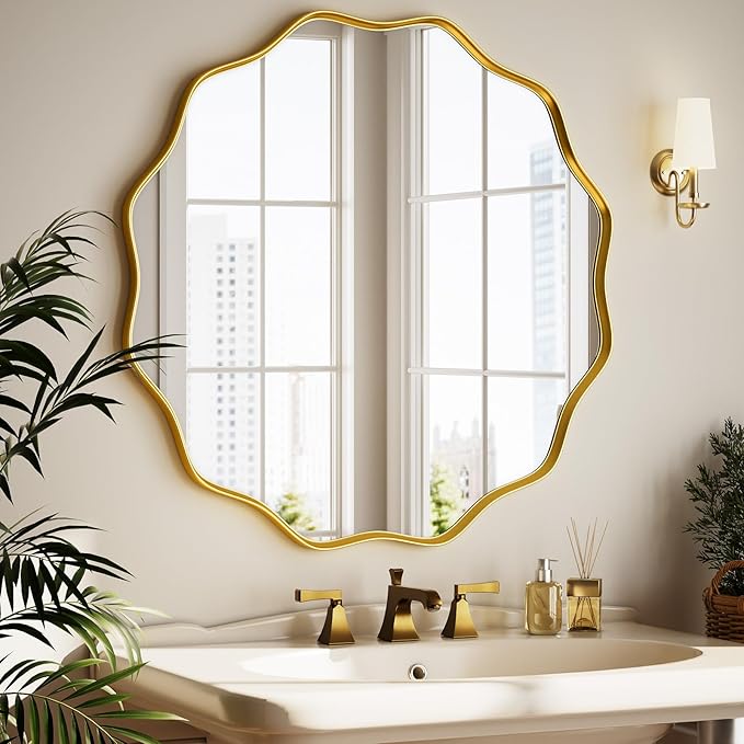 Round Wavy Mirror - 24 Inch Bathroom Vanity Mirror Metal Frame Circle Wall Mounted Mirror for Bedroom Living Room Entryway, Gold