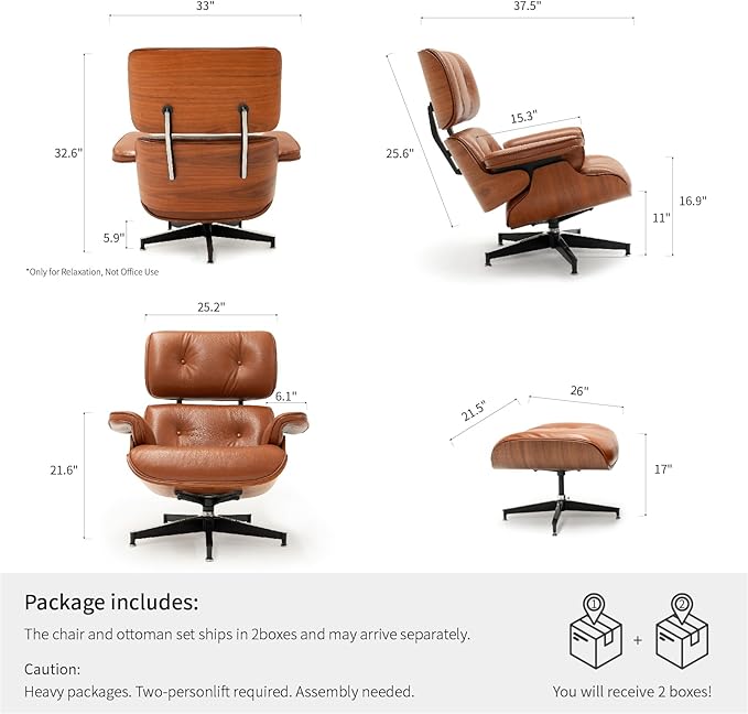 Mid Century Chaise Lounge Chair with Ottoman, Top Black Grain Leather, Modern Office Chair Classic Design, Heavy Duty Base Support for Living Room Study Lounge Office