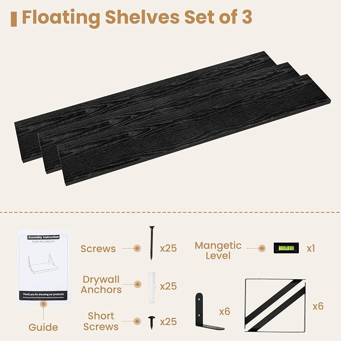 Heimlove Floating Book Shelves for Wall,47.2 Inches Long Wall Mounted Bookshelves,Heavy Duty Bracket Shelves for Living Room Kitchen,Laundry Room Storage & Decor,Set of 3,Black