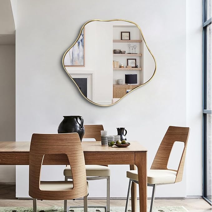 Asymmetrical Mirror, 28" Irregular Round Mirror with Gold Metal Frame, Modern Scalloped Wall Mirrors Decorative, Wavy Shaped Mirrors for Living Room Bathroom Bedroom Hallway Entryway