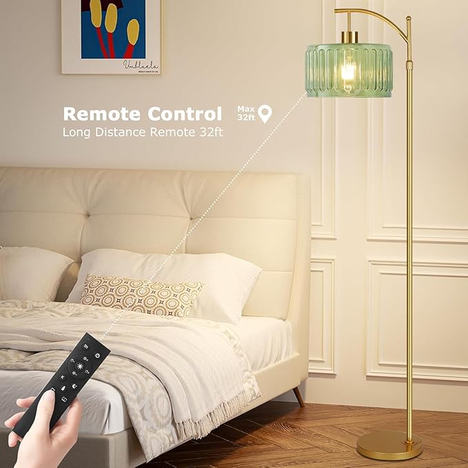 QIYIZM Floor Lamp for Living Room,Bedroom,Gold Dimmable Standing Lamp with Remote,Mid Century Modern Brass Tall Lamp Retro Vintage Glass Lamp Floor Light Boho Bohemian
