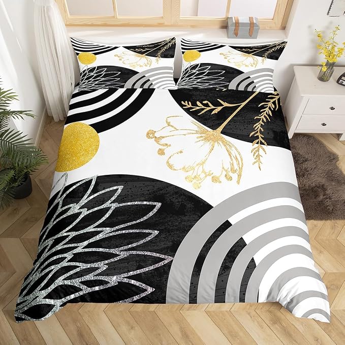 Erosebridal Mid Century Modern Twin Comforter Cover for Kids Teens Adults - Black and White Abstract Duvet Cover Boho Minimalist Aesthetic Bed Set Chic Modern Geometric Bohemian Floral Bedding Set