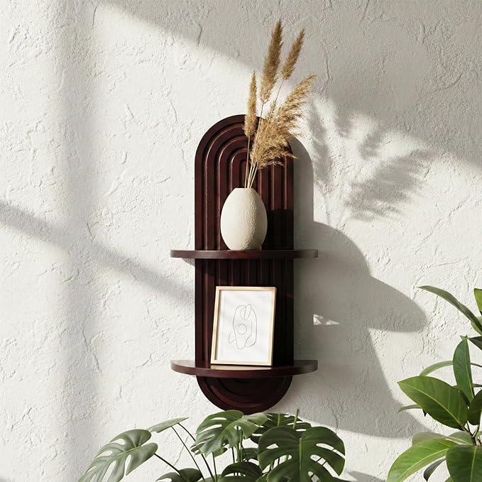 Plant Wall Shelves with Arched Wooden Design, Mid Century Modern Decor Floating Shelf Set of 2 - Boho Wall Decor for Indoor Plants Living Room Bathroom Office, 23.6 x 11.8 Inches