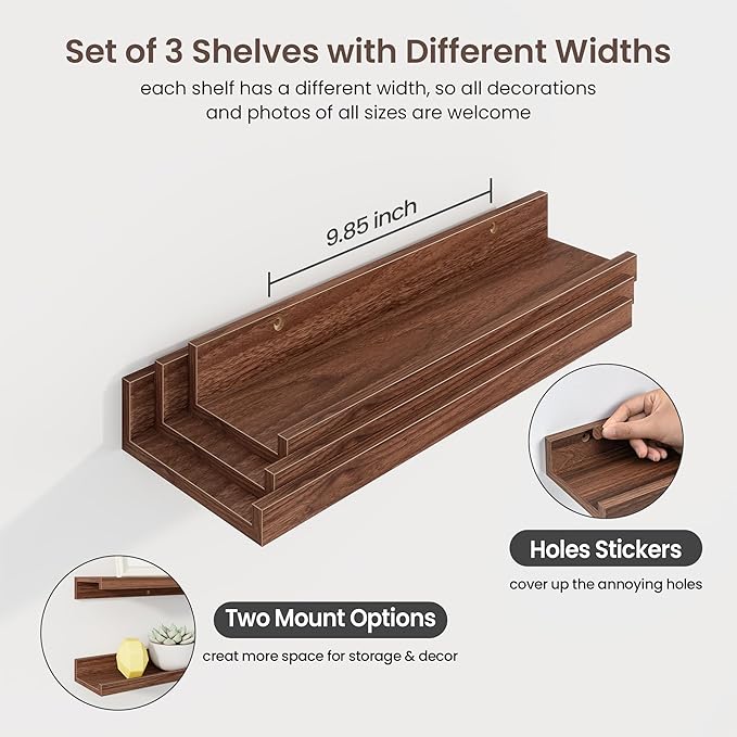Axeman Picture Ledge Shelf | 16 Inch Walnut Floating Shelves Set of 3 | Rustic Wood Wall Shelves with Lip | 16" Walnut Picture Shelf for Wall with Ledge | Photo Shelves