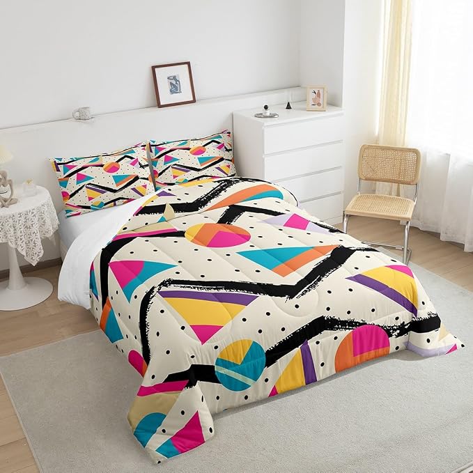 Manfei Memphis Comforter Set Queen Size, Retro 80s or 90s Fashion Style Bedding Set 3pcs for Kids Boys Girls, Geometric Triangle Circle Quilt Set Soft Polyester Duvet Set with 2 Pillowcases