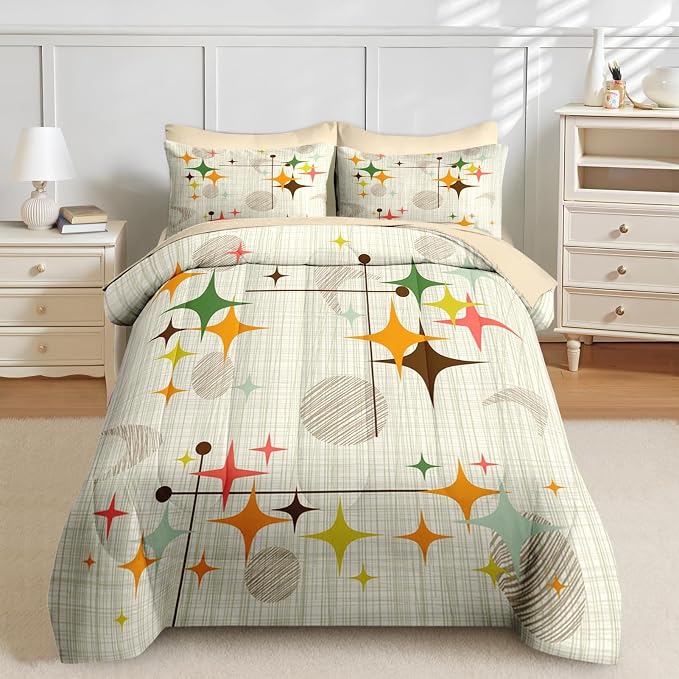 Nesker Comforter Set Queen Size, Retro Stars Brown 7 Pcs Bedding for Kids and Adults, Mid Century Vintage Bed Sheet Sets with Fitted Sheet 2 Pillowcases & 2 Shams