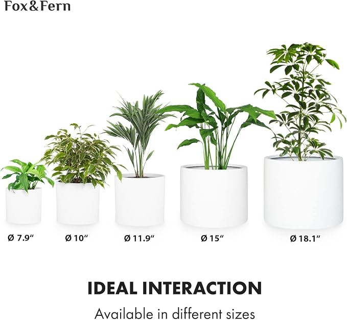Fox & Fern Large Indoor Planter, Modern Large Plant Pot for Indoor or Outdoor, UV and Frost Resistant - Set of 2: 12 and 14.6 Inch, Fiberstone, White Flower Pot with Drainage Plug, Lightweight