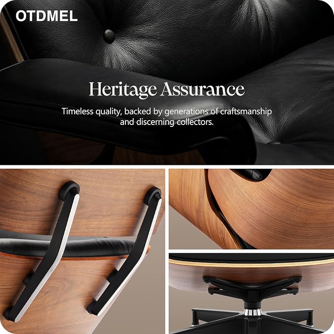 Luxury Top Grain Leather Mid Century Chaise Lounge Chair with Ottoman, Heavy Duty Base Support, Reading Chair, Modern Arm Chair, Leather Accent Chair for Living Room and Office, Walnut