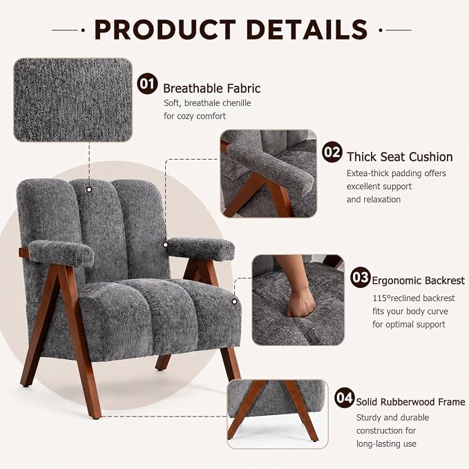 Mid Century Modern Accent Chair with Solid Oak Wood Frame, Upholstered Chenille Lounge Chair with Ergonomic Backrest and Thick Cushion for Living Room Bedroom Balcony, Grey