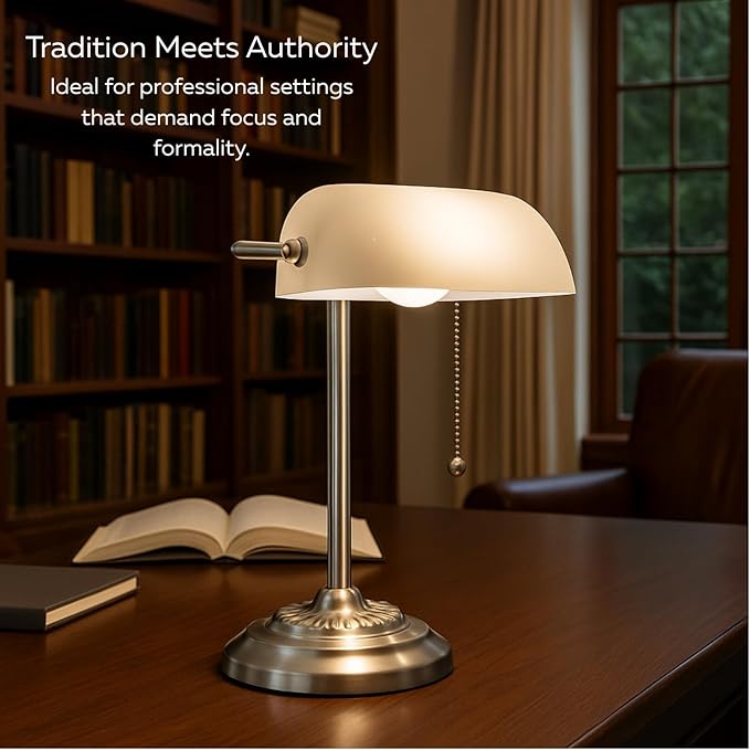 LIGHTACCENTS Bankers Desk Lamp with White Glass Shade, Nickel Finish - Traditional Desk Light for Home Office, Reading, Piano, Bedside