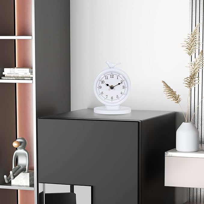 Mantel Clock, Classic Vintage Clocks and Decorative Shelf Decor, Silent Analog Desk Clocks with Light Vintage Metal Table Clock for Living Room Shelf Bedside Home Decor (White)