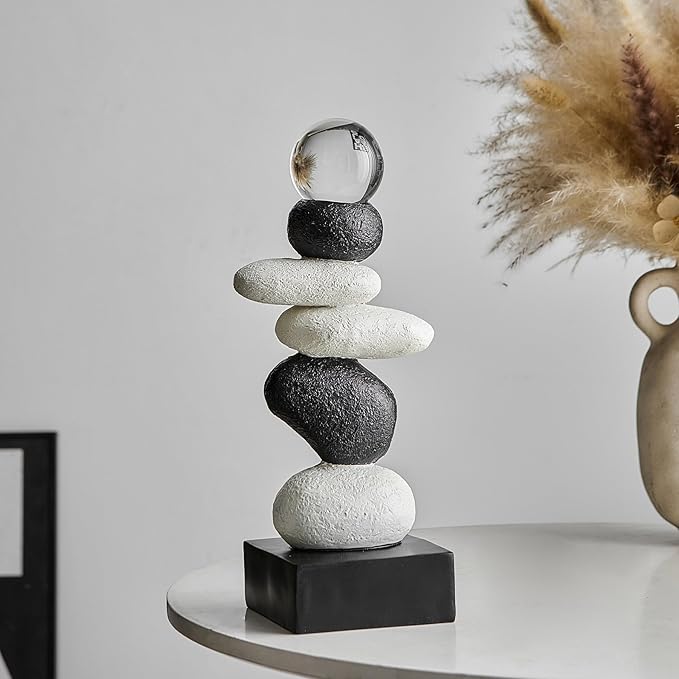 FJS Modern Fake Stone Sculpture Decor for Living Room, Black and White Stacked Statue for Coffee Table Centerpiece, Resin Sculptures for TV Stand Shelf Bookshelf Decorations, Gifts for Good Luck